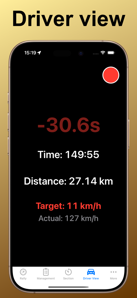 Visão do piloto do aplicativo OldTimer Rally Timer mostrando métricas de tempo e distância