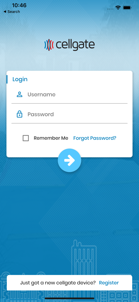 Login screen for the CellGate Mobile Connect app showing username and password input fields.