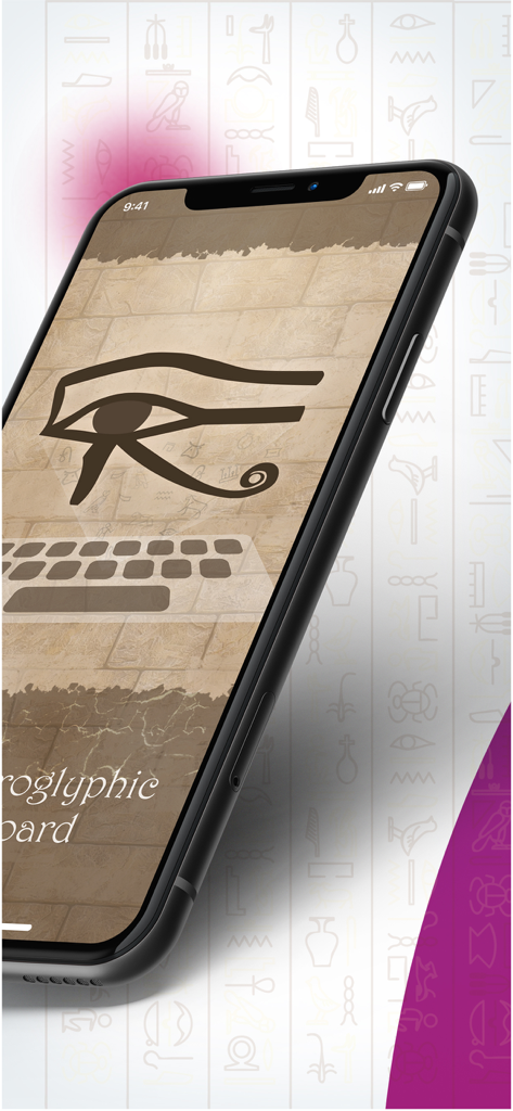 Hieroglyphic Keyboard - iPhone displaying the Hieroglyphic Keyboard app interface featuring the Eye of Horus symbol on a stone texture background