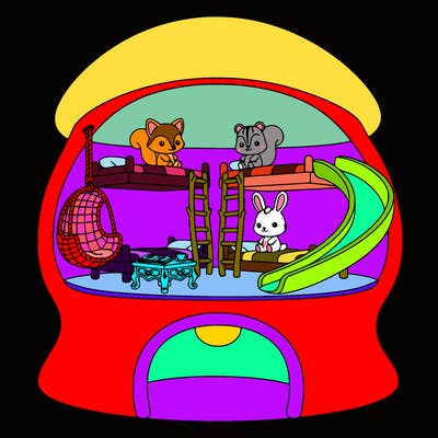 very adorable collectible house with little animals inside with bunk beds, a desk a hanging chair a slide and latter to the beds and very cute