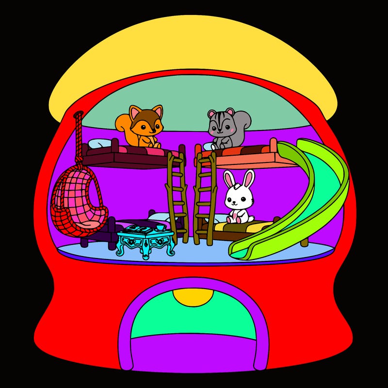 very adorable collectible house with little animals inside with bunk beds, a desk a hanging chair a slide and latter to the beds and very cute