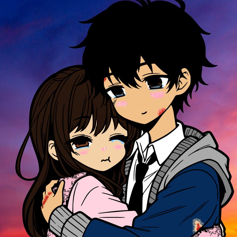 anime girl and boy hugging
