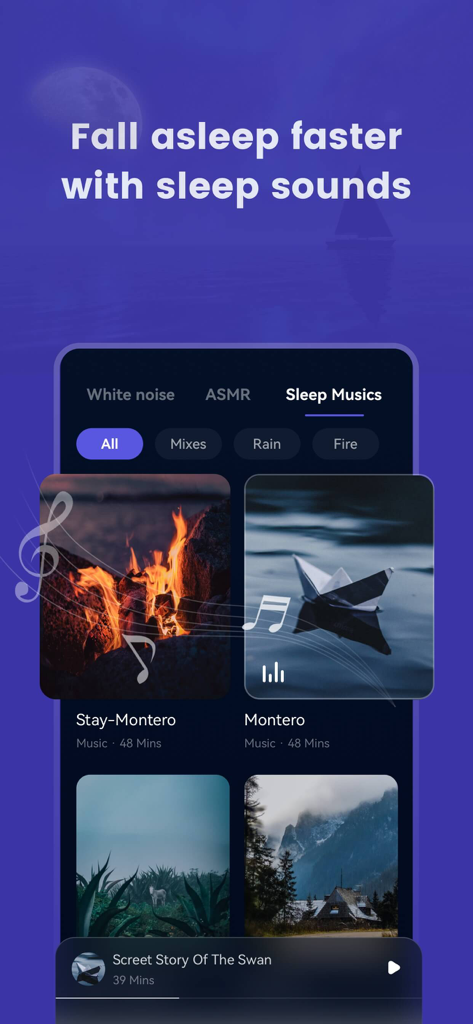 MooNite app interface showing the sleep sounds library with categories for white noise ASMR and relaxing music
