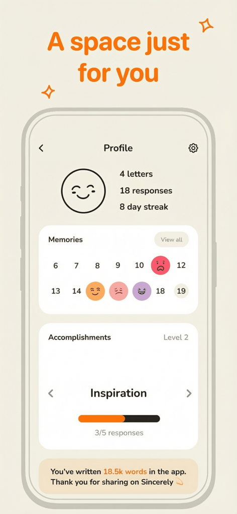 Sincerely app user profile showing letter statistics and a monthly mood tracking calendar.