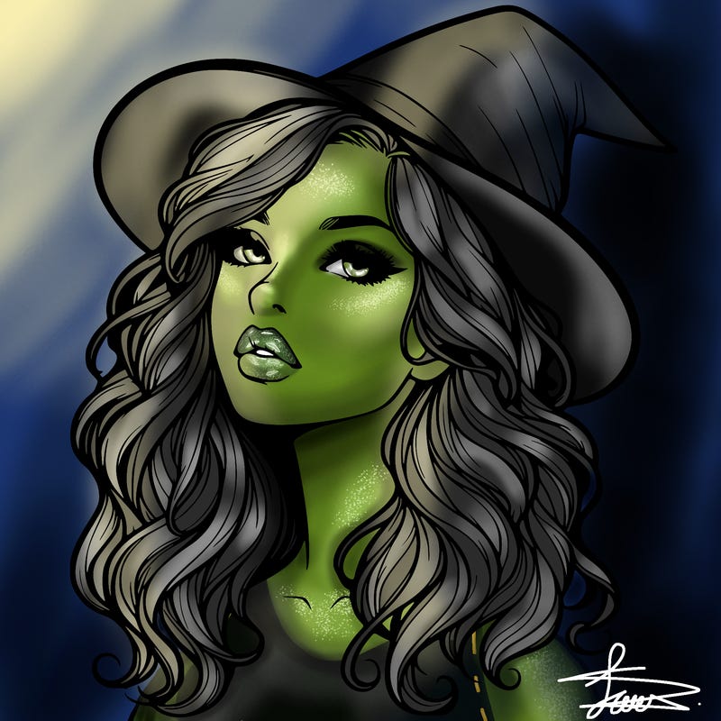 realistic witch girl with wavy hair and lips