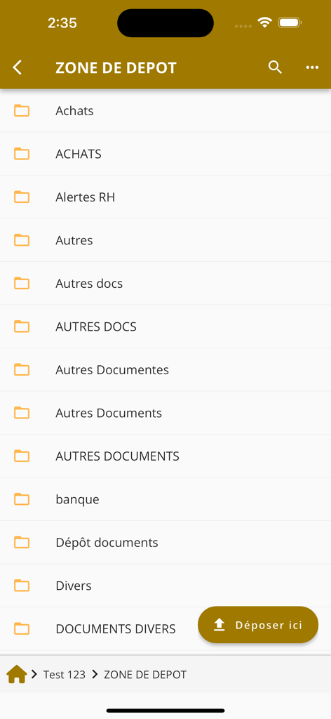 Liste des dossiers de documents dans l'interface mobile du portail client Optra Connect