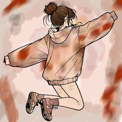 realistic girl jumping with a bun and oversized sweatshirt