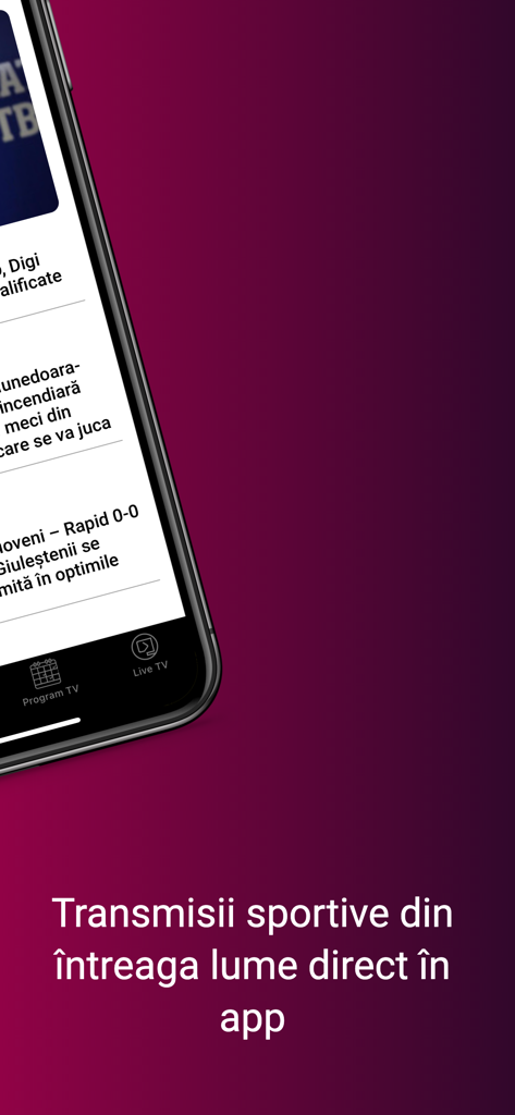 DigiSport - Interfaccia dell'app mobile DigiSport che mostra notizie sportive rumene e opzioni TV in diretta su sfondo viola
