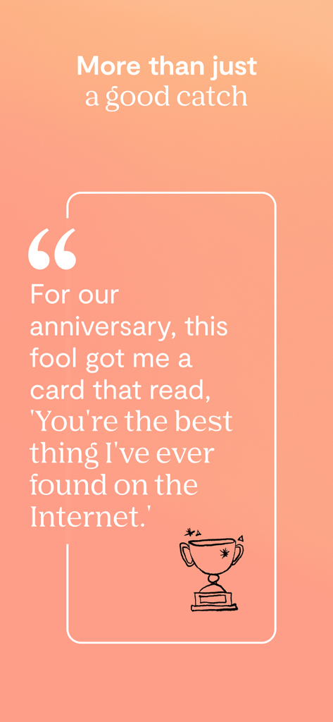 A testimonial quote on an orange background highlighting a successful relationship found on the Plenty of Fish dating app.