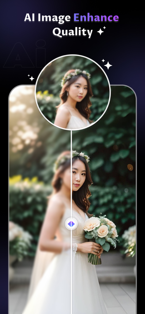 KI-Bildqualitätsverbesserungsfunktion, die einen Vorher-Nachher-Vergleich eines unscharfen und eines scharfen Porträts zeigt.