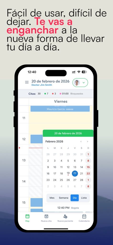Appril-Agenda de profesionales - Interface do aplicativo móvel Appril mostrando um calendário médico profissional e agenda de consultas em um iPhone.