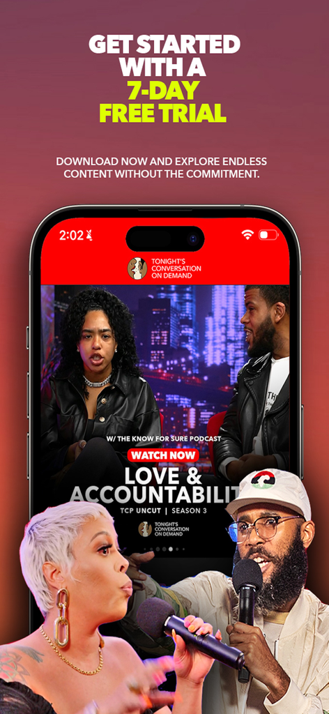 Tonights Conversation app interface promoting a free trial for streaming relationship discussions