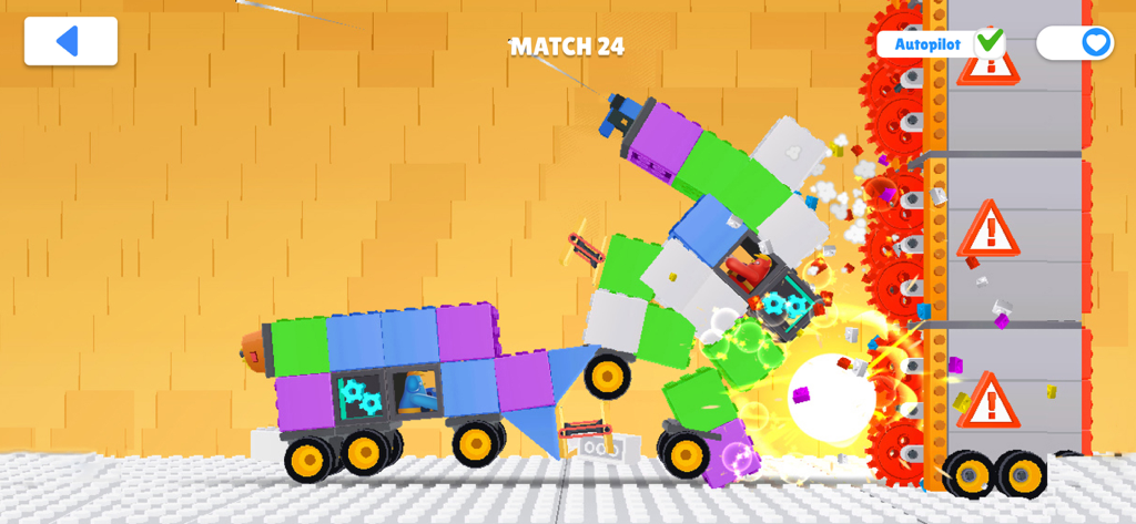 Two vehicles made of building blocks crashing in a battle arena with spinning saws.
