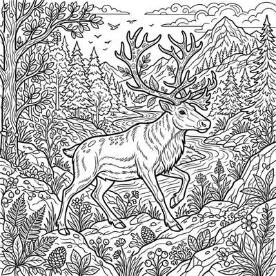 Unleash your creativity with this intricately detailed coloring page featuring a magnificent wild reindeer roaming through its natural forest habitat. Perfect for teens seeking a captivating artistic challenge with abundant natural elements.