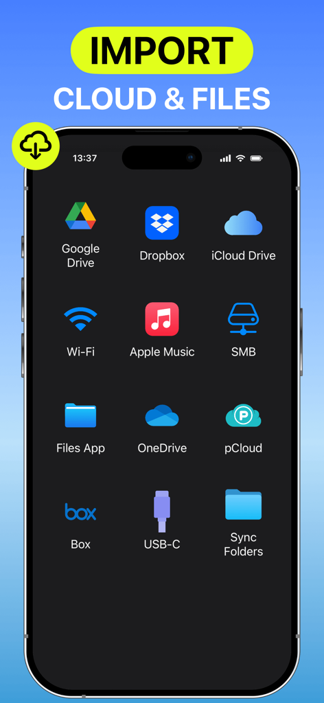 A screen from the Anywhere Music Player app showing various options to import music from cloud services like Google Drive and Dropbox as well as local files and Wi-Fi.