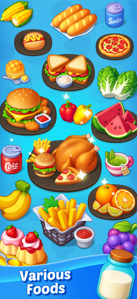 Food Sort: Puzzle Game - Food Sortパズルゲームの、ハンバーガー、ピザ、フルーツ、飲み物など、かわいい漫画の食品アイテムのカラフルなコレクション。
