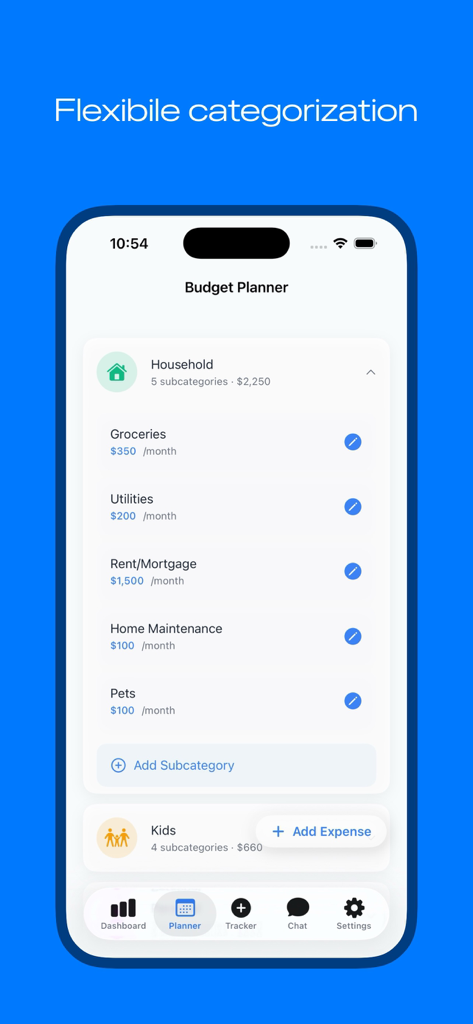 Interfaz del planificador de presupuesto que muestra categorías de gastos del hogar personalizables como comestibles y servicios públicos