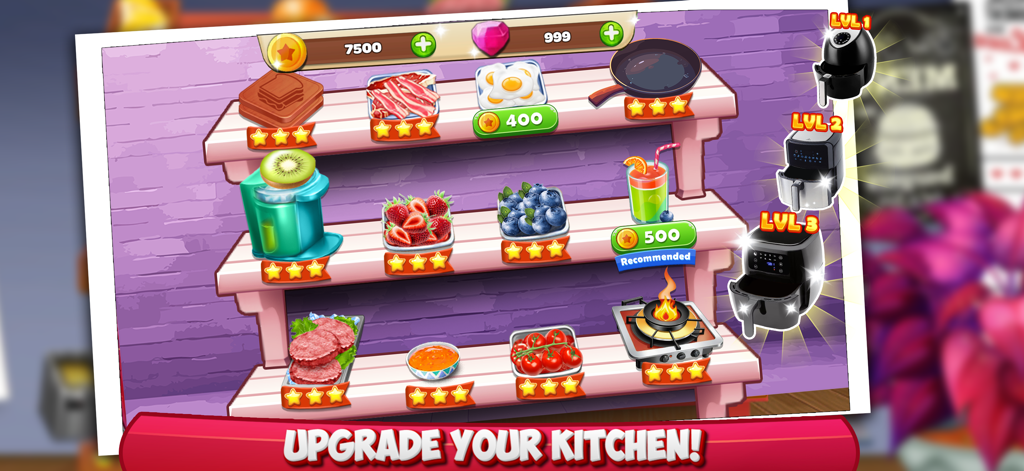 A screen from the Cooking Mastery game showing kitchen appliance and food ingredient upgrades with a three star rating system