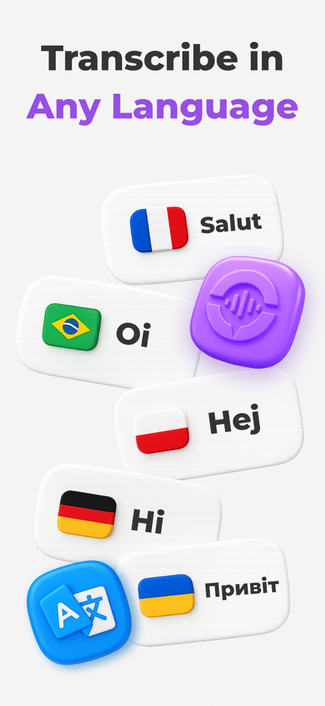 Noteum: AI Meeting Note Taker - Noteum app feature showing transcription support for multiple international languages with flag icons