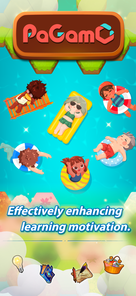 PaGamO - Personajes de dibujos animados flotando en flotadores de piscina con texto sobre la mejora de la motivación por el aprendizaje en la aplicación PaGamO