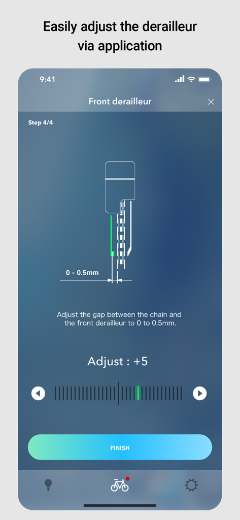 Interfaz digital para ajustar la separación del desviador delantero en una bicicleta utilizando la aplicación E-TUBE PROJECT Cyclist.