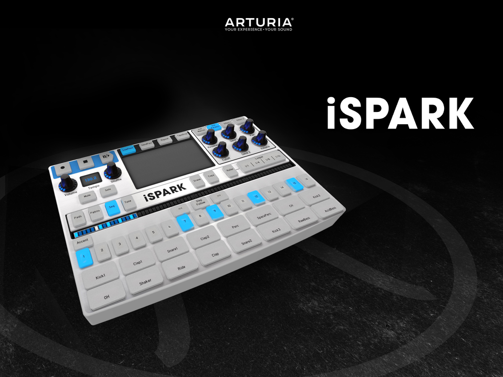 Arturia iSpark - Hardware style interface of the Arturia iSpark beat making app with drum pads and control knobs