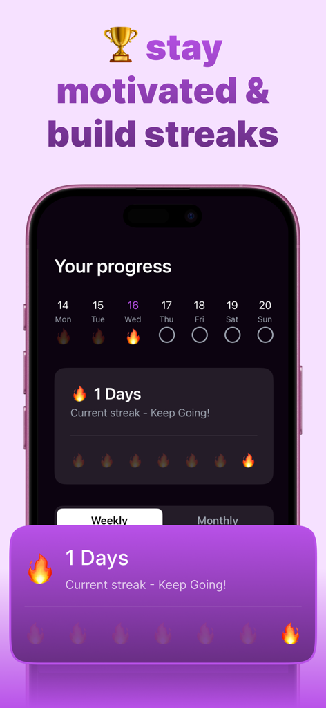 Interfaz de una aplicación móvil que muestra rachas diarias y seguimiento del progreso de ejercicios de desinflamación facial