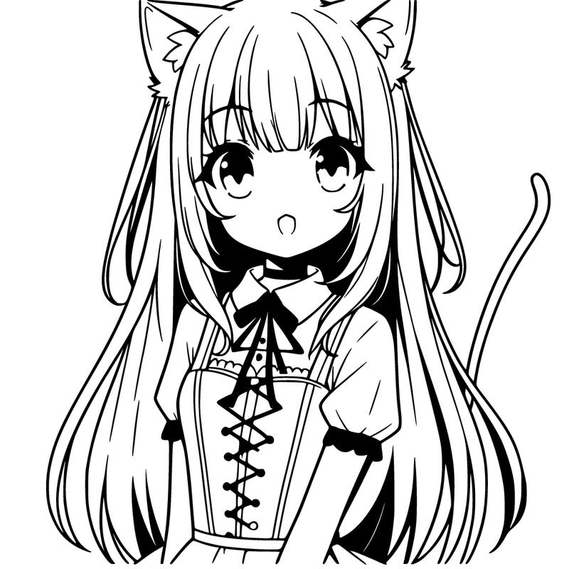 a anime gurl with cat ears and a tail and has really long straight hair