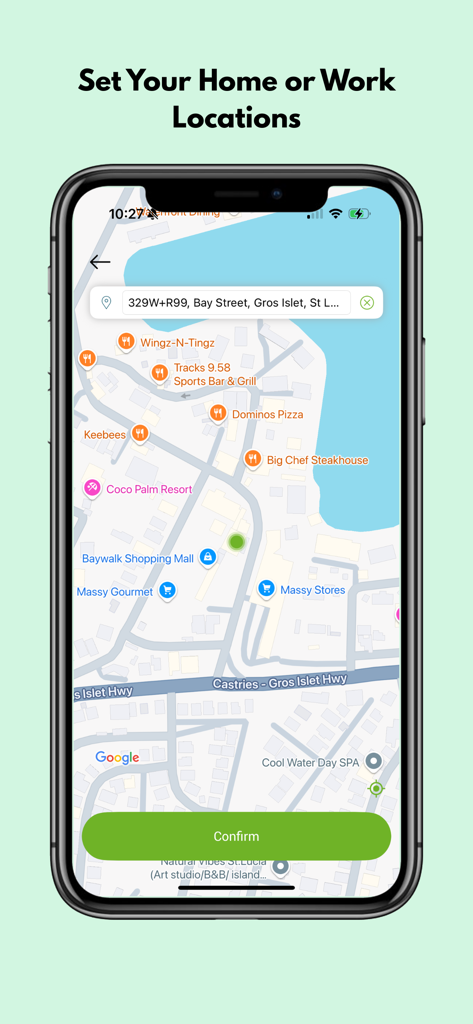 Tropicab - Map interface in the Tropicab app for setting home or work locations in St Lucia