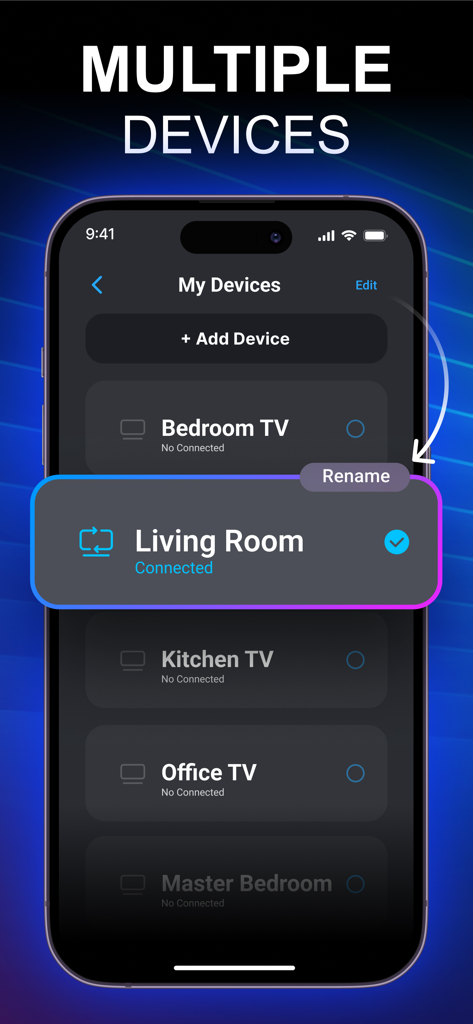 Universal Remote - TV Remote - Pantalla de la aplicación Control Universal mostrando una lista de smart TVs conectadas para diferentes habitaciones con una opción para renombrar