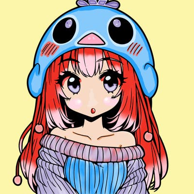 anime girl with chick shaped hat with sweater with bare shoulders with bangs covering them one eye with low tail