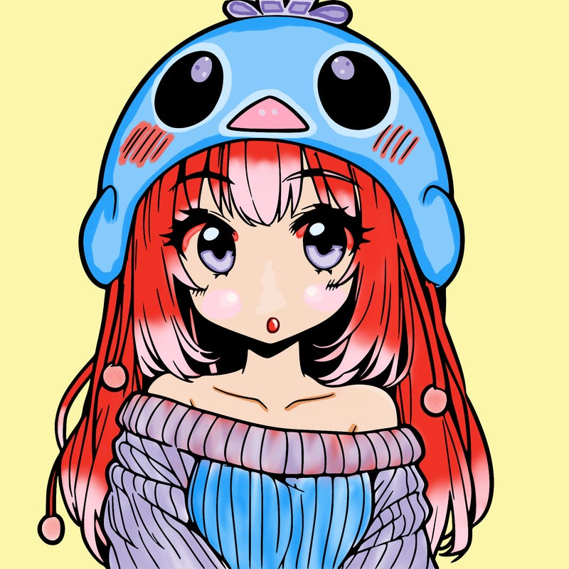 anime girl with chick shaped hat with sweater with bare shoulders with bangs covering them one eye with low tail