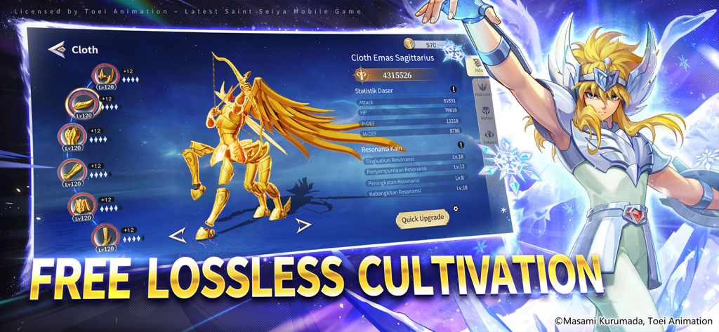 Saint Seiya EX gameplay showing the Sagittarius Gold Cloth upgrade and cultivation system.