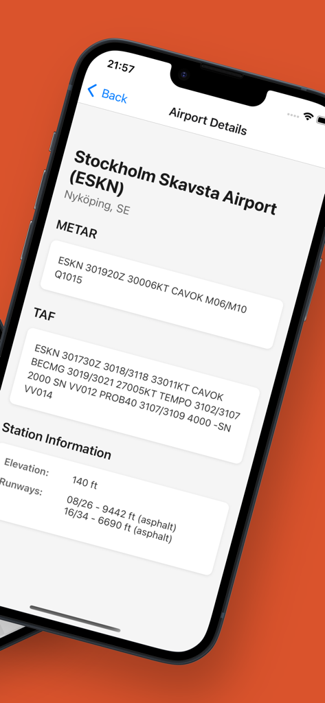 Local Flight WX - Airport details screen showing METAR and TAF data for Stockholm Skavsta Airport