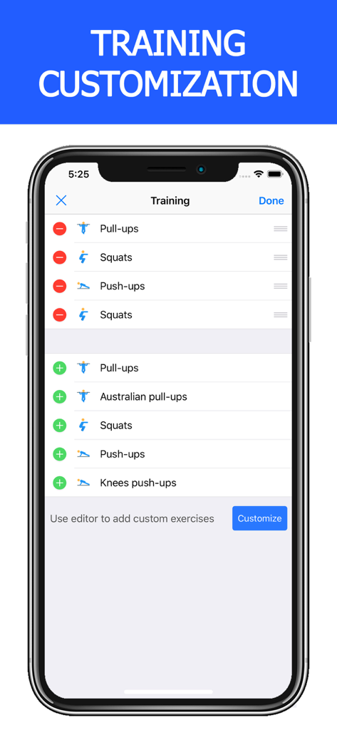 SOTKA app screen for customizing a workout routine with bodyweight exercises like pull ups and push ups