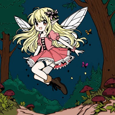 elf fairy anime girl flying in woods