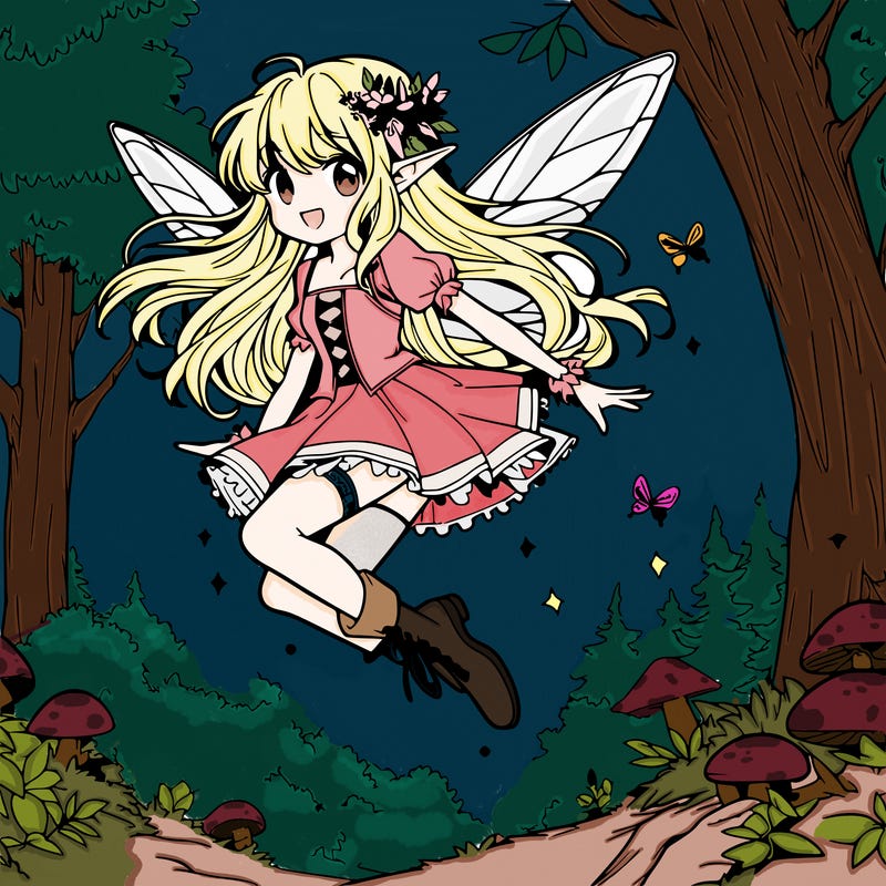 elf fairy anime girl flying in woods
