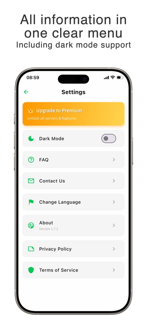 Keepm Secure - Pantalla de configuración de la aplicación Keepm Secure con interruptor de modo oscuro y menú de navegación