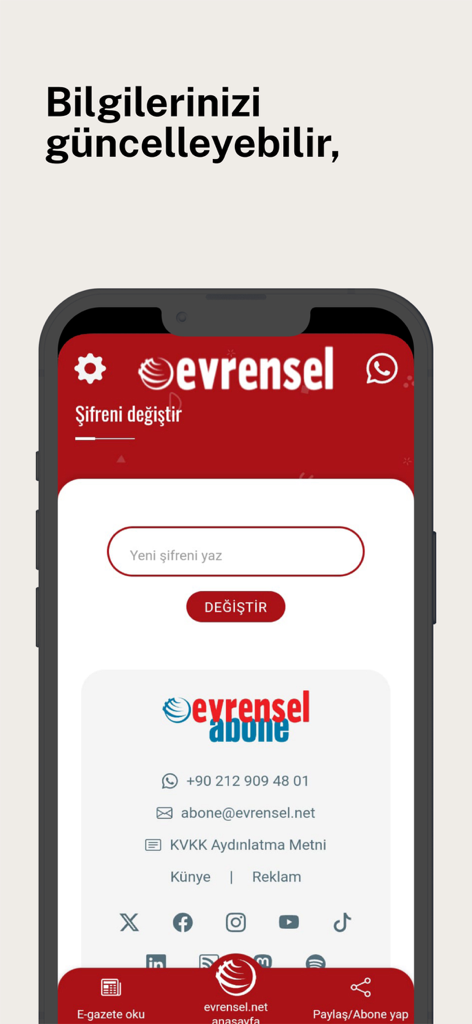 Evrensel Gazetesi - Evrensel Gazetesi app interface showing the change password screen and subscription contact information