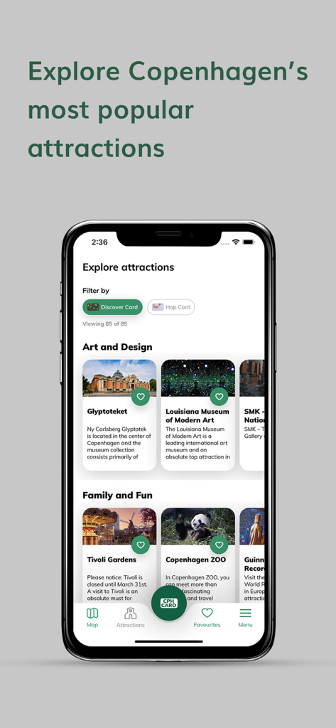 Copenhagen Card City Guide - Interfaccia dell'app Copenhagen Card che mostra le attrazioni più popolari della città e i filtri del pass turistico