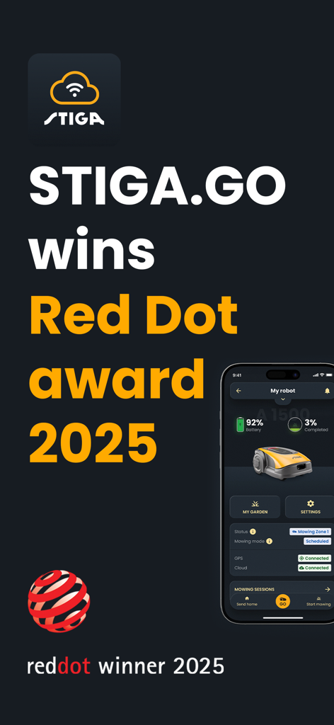 STIGA.GO - STIGA.GO App-Oberfläche und Ankündigung des Red Dot Award 2025 Gewinners