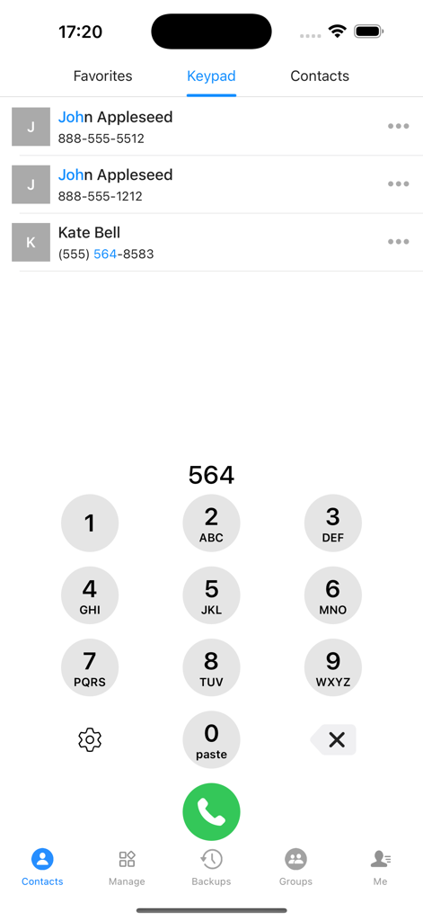 Application Contacts Pro montrant l'interface du numéroteur T9 avec les résultats de recherche de contacts