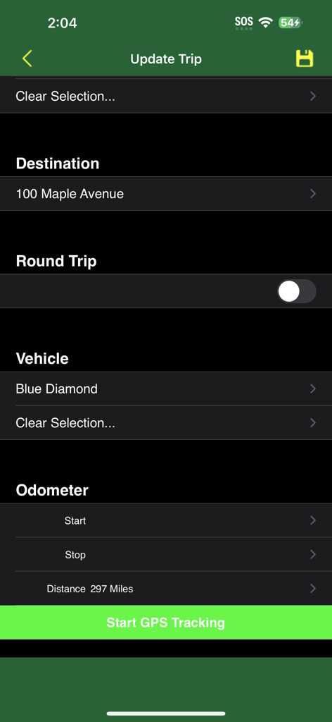 Track My Mileage And Time - Update trip screen in the Track My Mileage app showing destination round trip vehicle and odometer fields