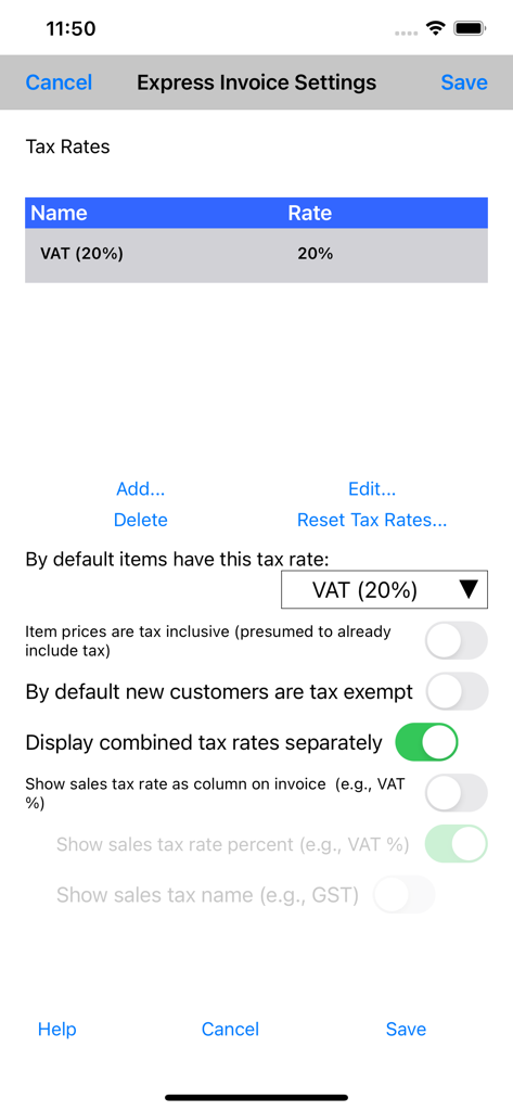 Express Invoice Professional tax rate settings screen