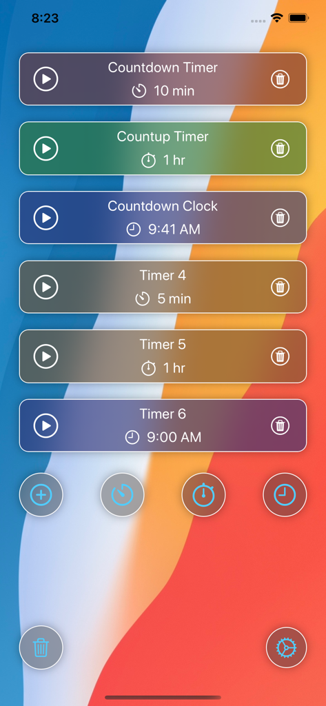 VoyTimer: Talking Voice Timer - Interfaz de la aplicación VoyTimer que muestra una lista de temporizadores de cuenta regresiva y cuenta ascendente sobre un fondo colorido.
