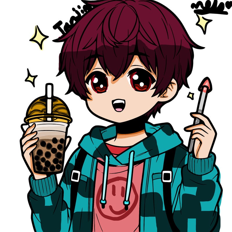 manga character drinking boba tea