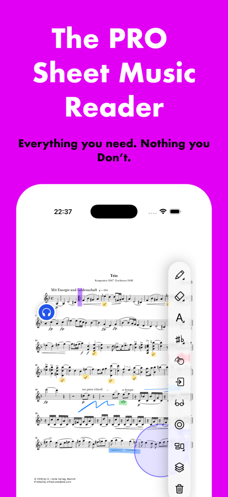 Interfaz de la aplicación digitalScore mostrando un lector profesional de partituras con herramientas de anotación