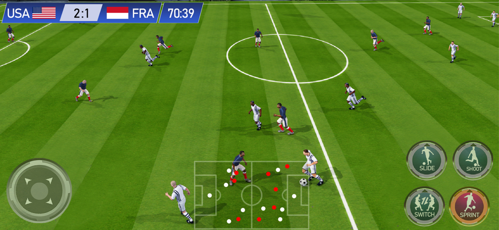 Play Football 2026- Real Goal - Play Football 2026の試合でアメリカ対フランスの3Dサッカーマッチのゲームプレイ画面