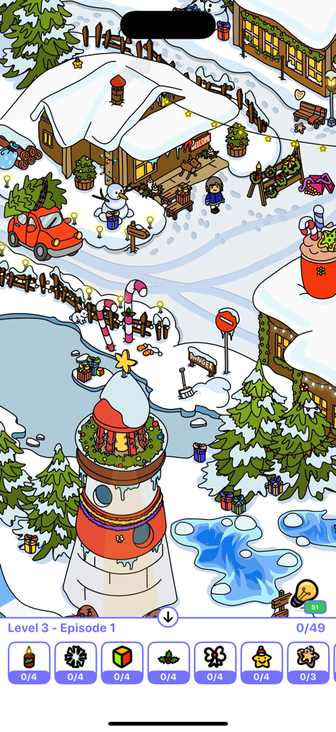 A hand-drawn winter scene in a hidden object game featuring a snowy cottage and lighthouse