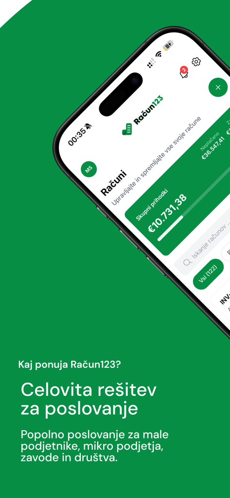 Račun123 - Panel de control de la app móvil Racun123 que muestra el ingreso total y el seguimiento de facturas para pequeñas empresas.